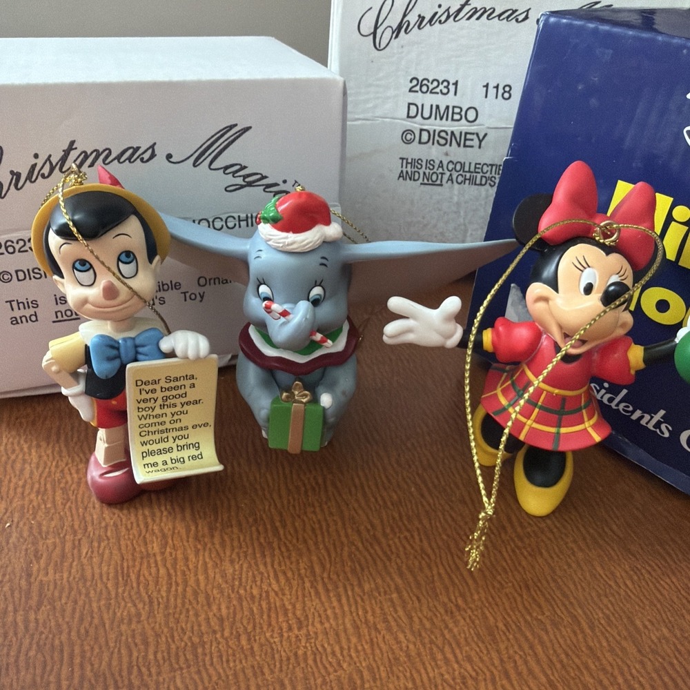 Vtg Grolier Walt Disney Pinocchio Minnie Mouse & Dumbo Christmas Ornament Lot‎